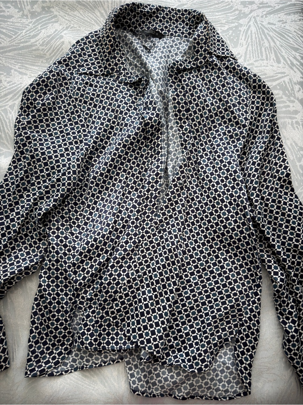 Zara Navy and White Geometric Print Blouse